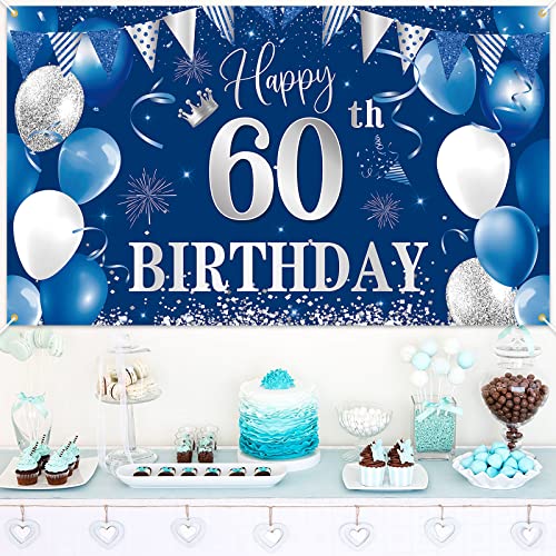 Image of 60th Birthday Banner Backdrop,BTZO Happy 60th Birthday Decorations,Blue Silver Fabric Photo Backdrop Background for Men and Women 60th Birthday Party,70.8 x 43.3Inch