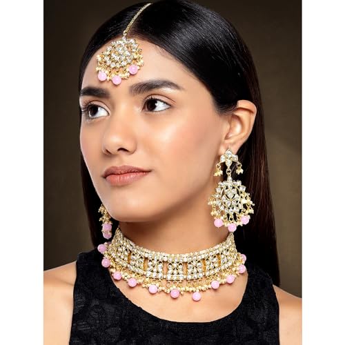 Image of Aheli Elegant Indian Faux Kundan Studded Choker Necklace with Maang Tikka Set Ethnic Wedding Wear Bharatanatyam jewellery set Gift for Women