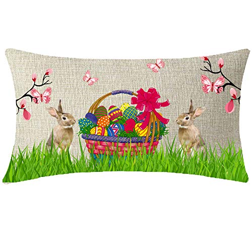 NIDITW-Nice-Sister-Gift-Happy-Easter-Rabbits-Colored-Eggs-Basket-Butterflies-Lumbar-Cotton-Linen-Throw-Pillow-case-Cushion-Cover-Pillowcase-Sofa-Chair-Decorative-Rectangle-Oblong-12X20-Inches NIDITW Nice Sister Gift Happy Easter Rabbits Colored Eggs Basket Butterflies Lumbar Cotton Linen Throw Pillow case Cushion Cover Pillowcase Sofa Chair Decorative Rectangle Oblong 12X20 Inches