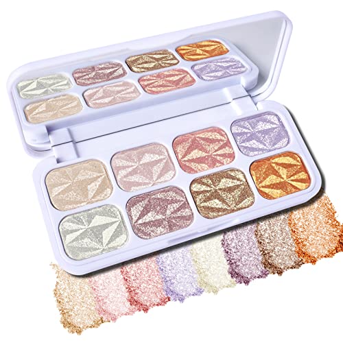 KYDA 8 Colors Face Highlighter Palette, Diamond Highlighter Powder Makeup, Glitter Shimmer Pearl Highlighter for Face Body, High Pigmented Powder Highlighter Palette
