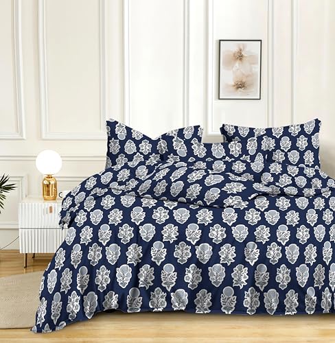 Image of Cotton Bedding Set King Size| 300 TC Double Bed Duvet Cover with Zipper (90x100 in), Double Bed Fitted Bedsheet (72x78+10 in Depth), 2 Pillow Covers (18x28 in) |Warm|DBC 040|Blue rangkaari