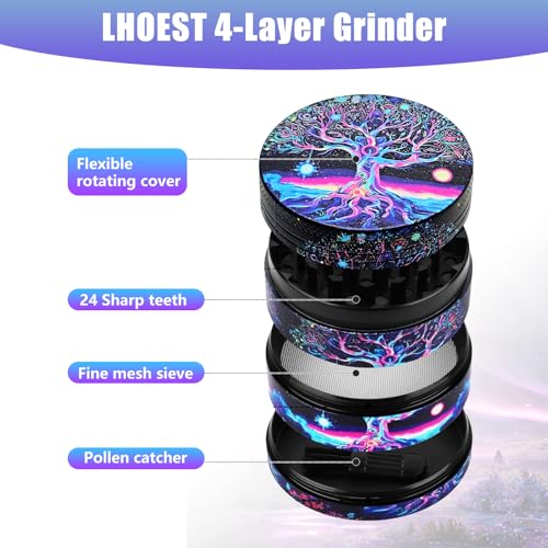 LHOEST 50MM Metal Grinder with 24 Grinding Teeth and Purple Tree Design - 4 Layers Spice Crusher with Scraper Brush - Image 3