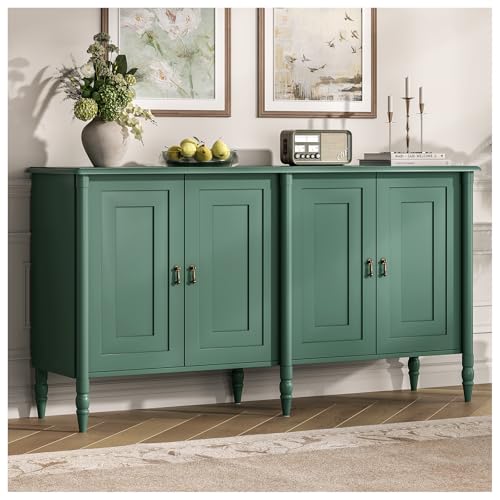 Image of JOINICE 59 inch Sideboard Buffet Cabinet with Storage for Dining Room,Green | Vintage Credenza with Adjustable Shelves & Solid Wood Legs,supports up to 100 lbs,for Kitchen,Bar,Hallway,TV Console