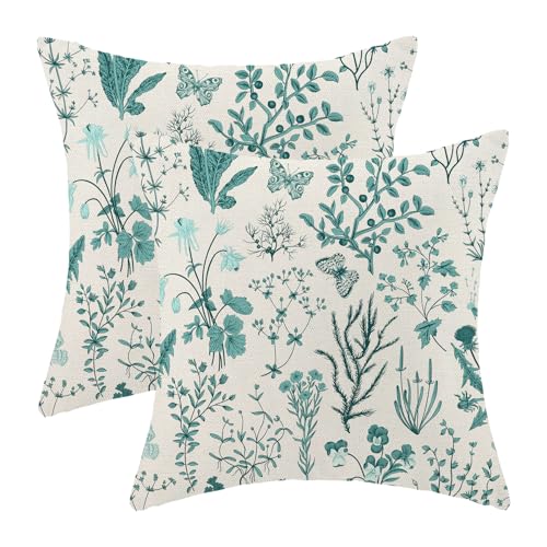 Image of AEIOAE Summer Pillow Covers 22x22 Inch Set of 2,Teal Green Wild Flower Plant Throw Pillows Case,Seasonal Floral Outdoor Decorative Square Linen Farmhouse Decor Cushion Covers for Home Sofa Bed Couch