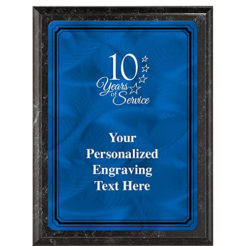 Crown Awards 6"X8" Blue Metal Plate 10 Years of Service Plaque, Customized 10 Years of Service Black Marbleized Finish Plaque Award with Your Text Blue Plate