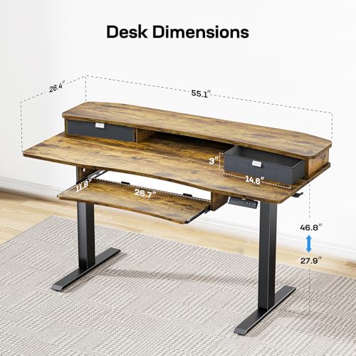Image of HUANUO 55 inch x 26 inch Electric Standing Desk with 2 Drawers & 26.7 inch Large Keyboard Tray, C-Clamp Mount Compatible, Adjustable Computer Desk for Home Office, Stand Up Desk with 4 Height Presets, Vintage