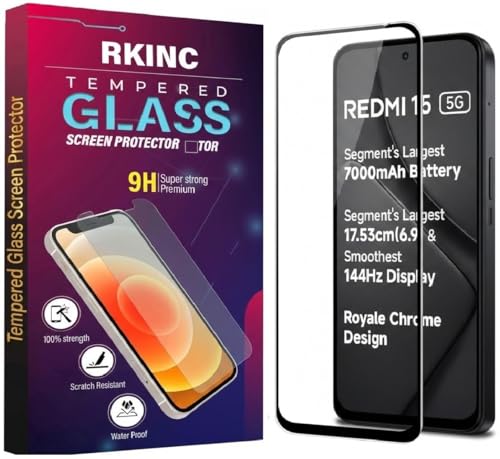 Image of RKINC Tempered Glass for Poco M7 Plus (6.9 Inch) Military Grade Gorilla Screen Guard Protector | With Installation Kit | Edge to Edge Coverage | Black