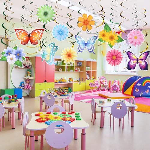 Image of 36 Pcs Spring Summer Butterfly Flower Party Decoration Hanging Ceiling Swirl Streamer Large Paper Flora Butterfly Decor for Classroom Office Mothers Day Home Garden Girl Birthday Baby Shower Tea Party
