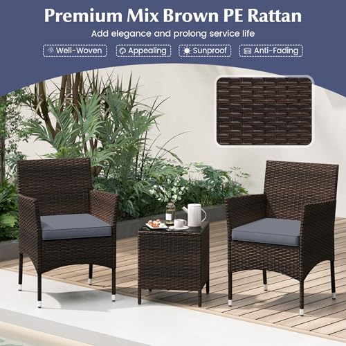 KOTEK 3 Piece Patio Furniture Set, Outdoor Wicker Patio Chairs with Soft Cushions & Tempered Glass Top Table, PE Rattan Bistro Set for Porch, Garden, Balcony (Grey) - Image 4