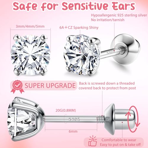 FASACCO 925 Sterling Silver Stud Earrings 18K White Gold Plated Screw Back Earrings for Women Girls Hypoallergenic Cubic Zirconia Earrings Studs 3MM 4MM 5MM Sparkling CZ Over 36 Months Old3