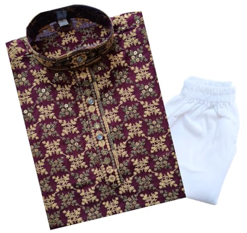 Image of TinySteps Boys' Ethnic Wear - Cotton Lakhnavi Chikan Kurta with Golden Sequence Work and Elastic Waist White Cotton Pajama - Festive & Wedding Outfit