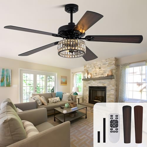 Image of 60 Inch Crystal Ceiling Fan with Lights Remote Large Chandelier Ceiling Fan Crystal Caged Fandelier, Indoor Outdoor 5 Dual Blades Reversible Quiet DC Motor 6 Speeds for Living Room Patio