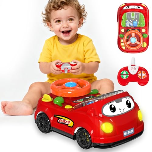 BIGRANK 2-in-1 RC Car & Steering Wheel Toy, Musical Toddler Car, Interactive Simulation Driving Toys for 18+ Months Baby Learning, Gift for 1 2 3 4 5+ Years Old Boys Girls