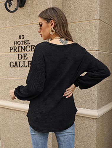 Image of Farktop Womens Oversized Waffle Casual Sweatshirts Long Puff Sleeve Drop Shoulder Lightweight Sweaters Black