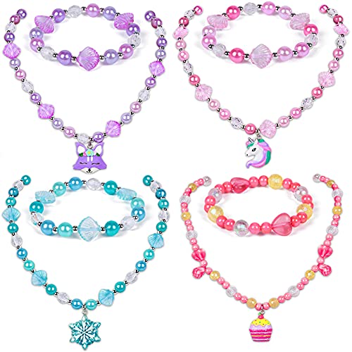 Winrayk 4Set Girls Beads Necklaces Bracelets Jewelry Set with Sparkling Unicorn Fox Candy Frozen Design Friendship Dress Up Play Princess Party Favor Gift Jewelry for Kids Toddler Little Girls 3 4 5 6