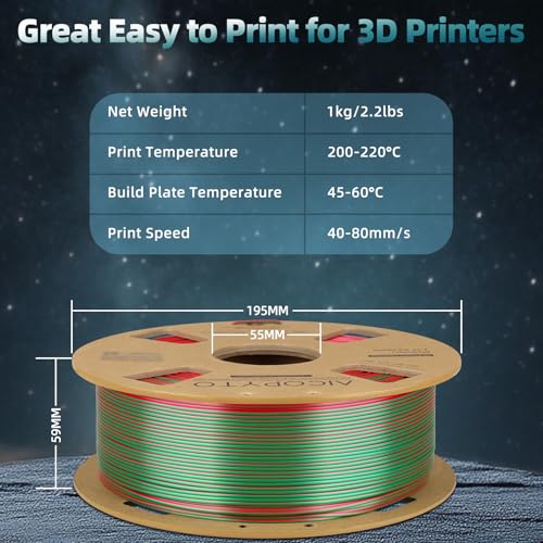 Image of Dual Color Silk PLA 3D Printer Filament 1.75mm, Dual Color 2-in-1 Green-Red Silk Filament 1KG Spool (2.2lbs) Dimensional Accuracy Probability + /- 0.02mm Fit Most FDM 3D Printer, Red-Green