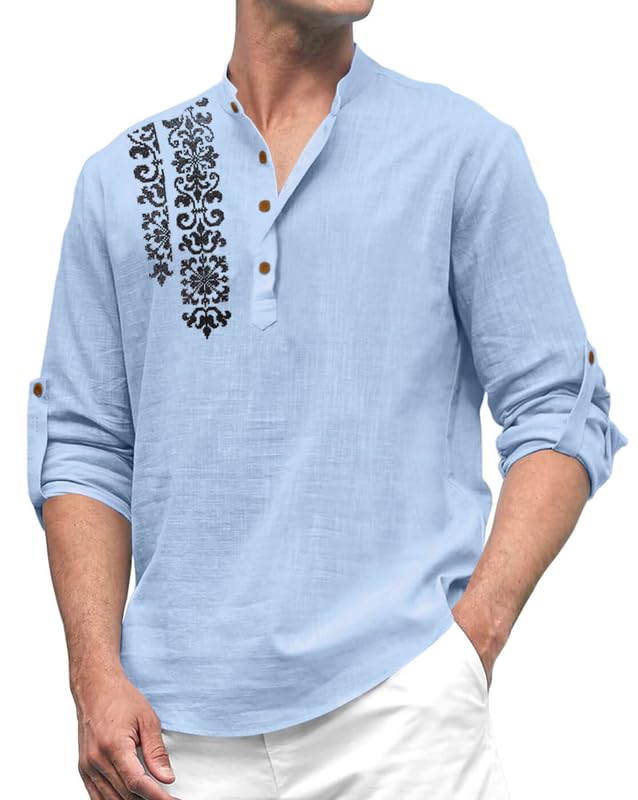 Image of FINIVO FASHION Men's Cotton Blend Short Kurta Shirt | Casual Ethnic Wear with Roll-Up Sleeves & Mandarin Collar | Comfortable Fit Tunic for Festive, & Summer Outings