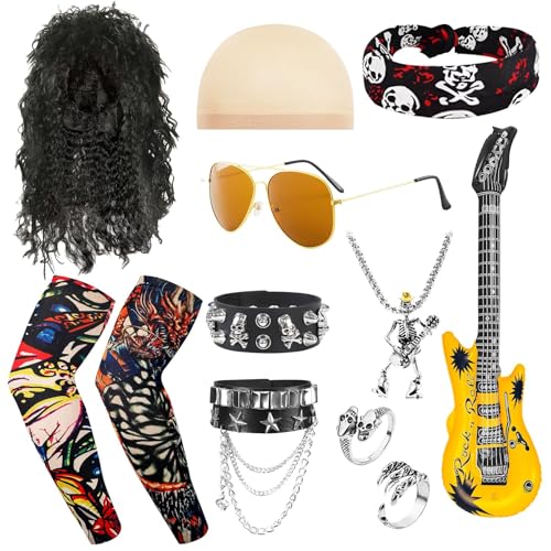 11 peças fantasia de rockero acessórios, kit de punk gótico dos anos 80 90 com peruca óculos de sol diadema guitarra insuflável pulseiras colares anéis mangas de tatuagem para homem mulher carnaval