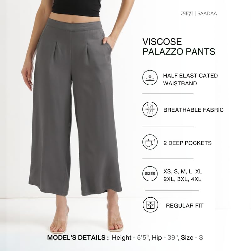 Image of SAADAA Palazzo Pants for Women Half-Elasticated Waistband | Palazzo for Women in Soft Viscose Fabric | Regular Fit with Mid Rise Waist & Deep Pockets | Versatile for Formal & Casual Wear