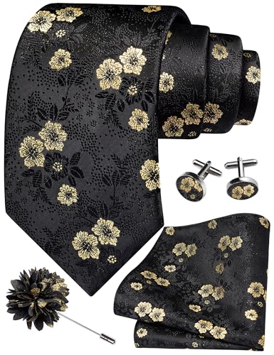 Image of GUSLESON 3.15 inch(8cm) Mens Floral Tie and Lapel Pin Necktie Hankerchief Cufflinks Set for Men