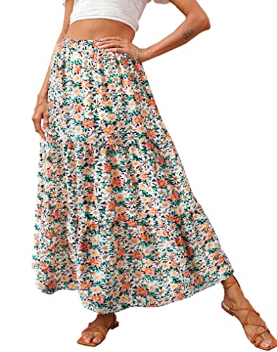 Image of KIRUNDO Maxi Skirts for Women Summer Boho Floral Long Skirt | High Waist Tiered Flowy Skirt, 2026 Spring Fall Fashion, Casual Teacher Outfits, Beach Vacation Clothes, Cruise Resort Wear