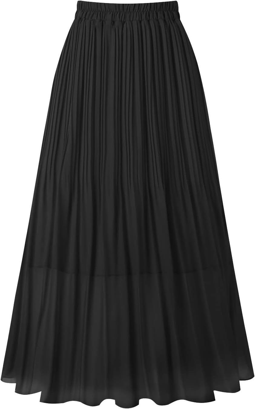 Kingfancy Women's Pleated Skirt Chiffon Elastic Waist A-Line Midi Length Skirt