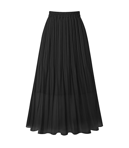 Kingfancy Women's Pleated Skirt Chiffon Elastic Waist A-Line Midi Length