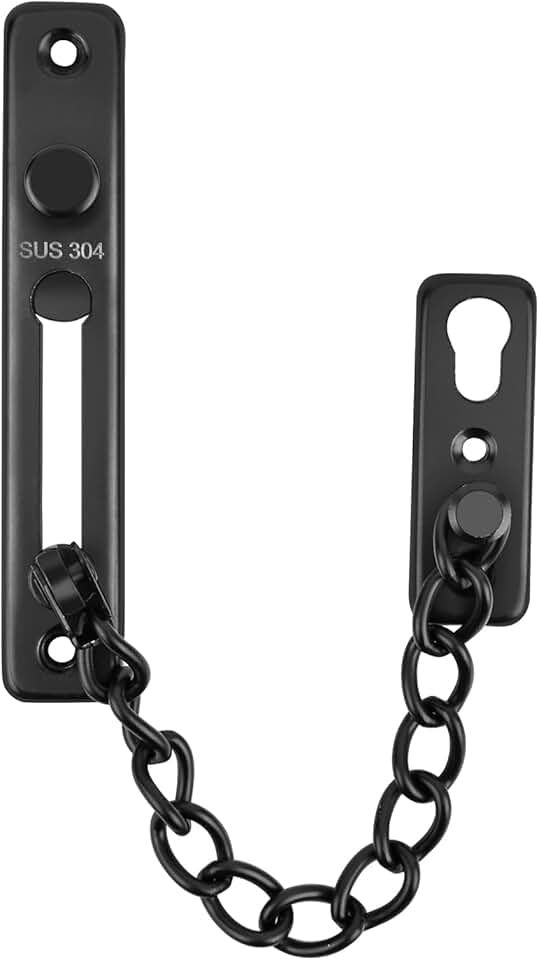 Heavy Duty Door Chain Lock - 304 Stainless Steel, Spring Loaded Pushbutton Latch, Child &amp; Pet Proof, No-Drill Installation for Interior,Front,Hotel Doors (Black)