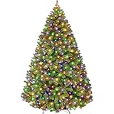 6FT Prelit Fluffy Noble Fir Artificial Christmas Tree with 500 Multicolor Lights& 9 Modes, Hinged Branches& 1400 Tips, Artificial Christmas Tree Includes Stand with Foot Switch for Holiday Home Decor