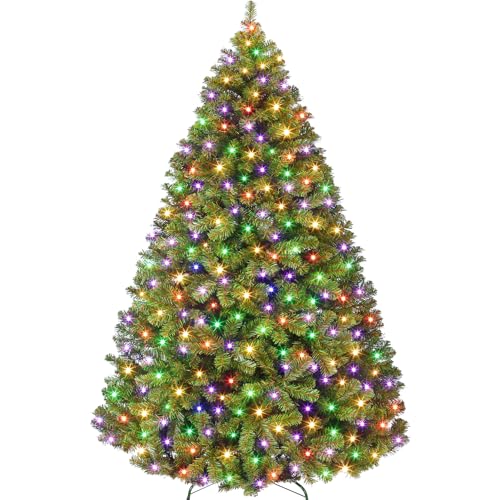 7.5FT Prelit Fluffy Noble Fir Artificial Christmas Tree with 600 Multicolor Lights& 9 Modes, Hinged...