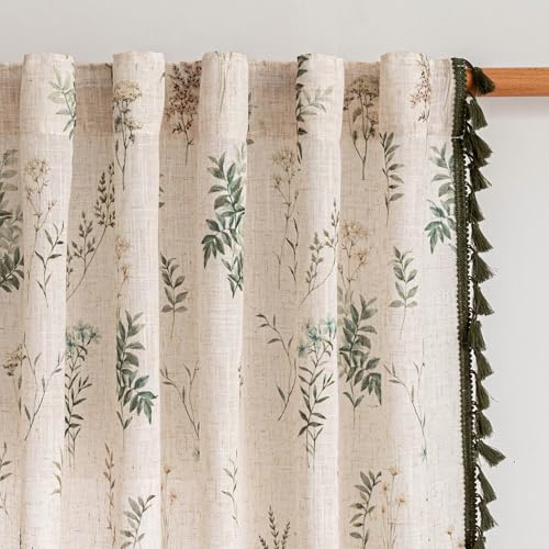 Image of MYSKY HOME Floral Farmhouse Linen Boho Curtains 63 inch Length with Green Tassels Semi Sheer Privacy Protect Back Tab Spring Rustic Country Window Treatment for Bedroom Cafe, Green, 50 inch Wide, 2 Panels