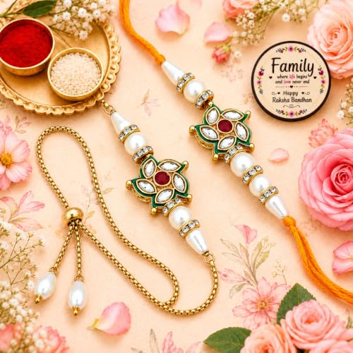 Image of Riddhika Ventures Glorious Gold Plated Religious Diamond Ring Rakhi || Traditional Rakhi Set of 2 & Festive Gift || Rakhi Gift Combo for Bhaiya Bhabhi (J5SM)