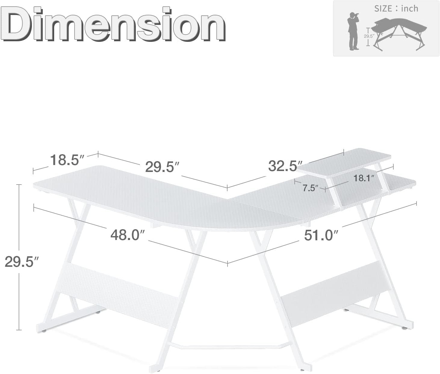 Diagram showing the dimensions of the L-shaped gaming desk, including length, width, and height measurements.
