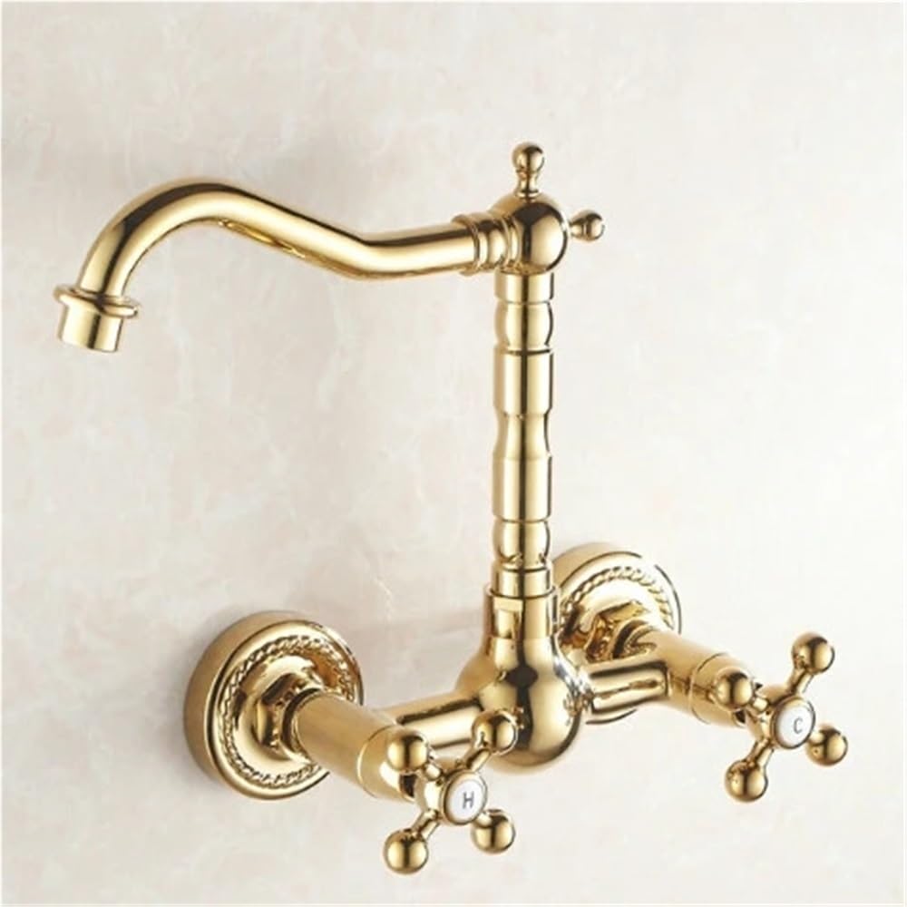 Rubinetto miscelatore con rubinetto girevole for lavabo da cucina, bagno caldo e freddo in ottone dorato a parete