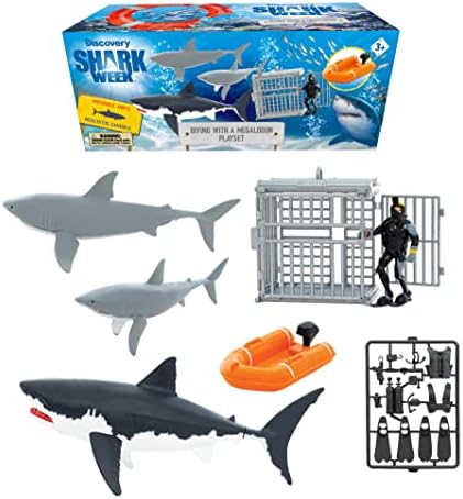 Discovery: Shark Week - Shark Week Diver with Megalodon Play Set, Action Figure, Floating Rescue Boat Bath Toy, Cage, Great White Shark, Megadolon and etc.