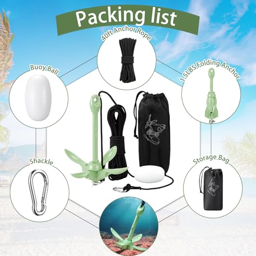 Image of MorningRo 1 Pack 1.5 /3.5 lb Marine Kayak Anchor Kit with 40ft Rope and Buoy Folding Grapnel Boat Anchor Kit Kayak Fishing Accessories for Small Boats, Canoe, SUP Paddle Boards