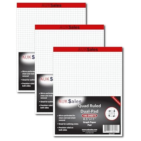 AUKSales Graph Paper Legal Pads 8.5 x 11 Inches, 100 Sheets, 3 Pack, Quad Ruled Dual Pad, ¼ Quad Grid Paper Pad for School College Office Supplies Letter Paper Writing Memo Pad Cover