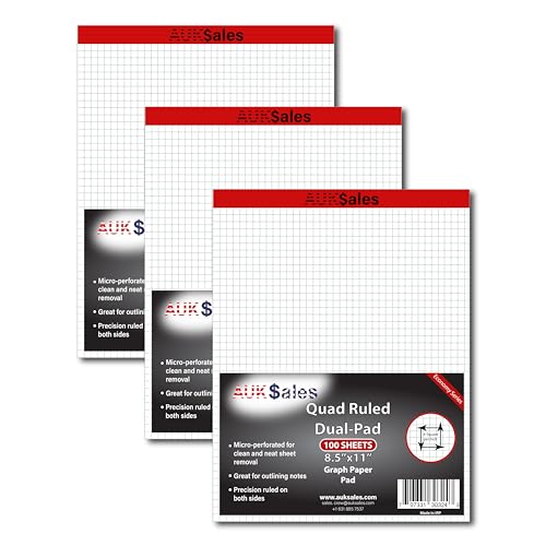 AUKSales Bloco de notas de papel quadriculado 21 x 28 cm, 100 folhas, pacote com 3, bloco duplo paut