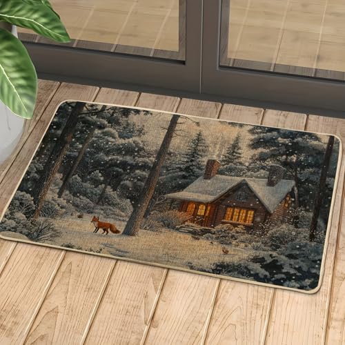 Paillasson renard d'hiver, paillasson rustique pour décoration intérieure et extérieure, confortable, chaud, antidérapant pour la saison d'hiver, 73,6 x...