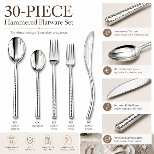 Image of 30-Piece Stainless Steel Hammered Cutlery Set for 6 Persons | Premium Mirror Finish Flatware Set | Spoon Fork Knife Set | Dining Table, Home, Restaurant & Gifting