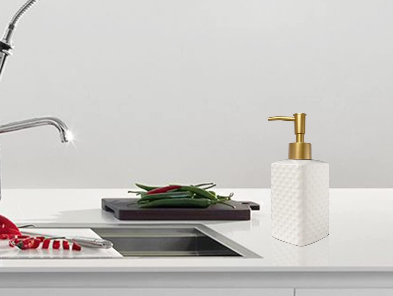 Chic Unique White Soap Dispenser for Bathroom with Golden Pump,Lotion Dispenser, Refillable Countertop Ceramic Hand Dispenser,Dish Dispenser for Kitchen 350ml(White Square Bottle) - Image 4