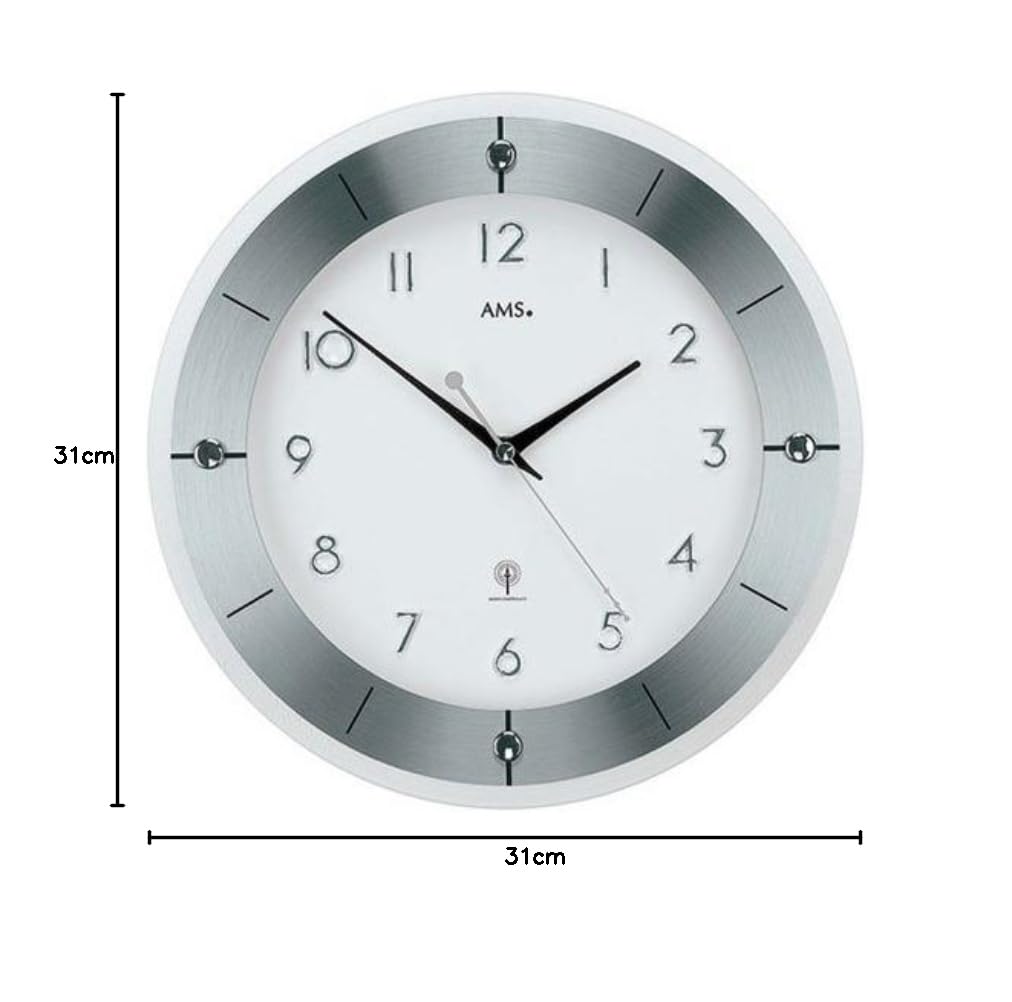 AMS 5848 zegar ścienny okrągły szlifowane aluminium mechanizm radiowy biały 31 cm