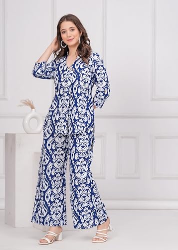 Image of Women's Pure Cotton Co-Ord Set | Three-Quarter Sleeves-Mandarin Collar Top & Palazzos | Printed Casual Wear Co-Ord Set for Women