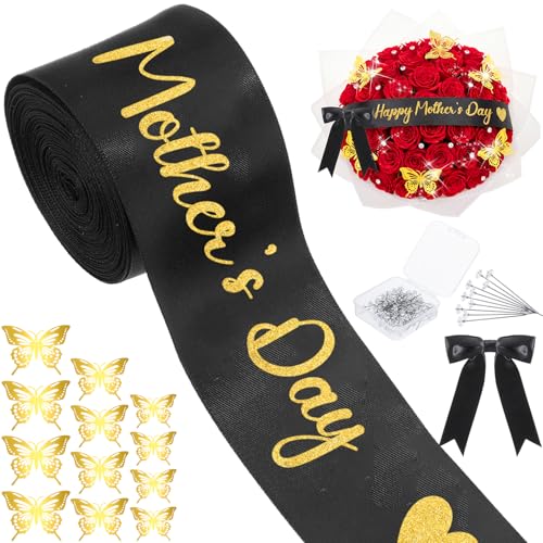 Zeyune 114 Pcs Mothers Day Ribbon and Flower Bouquet Accessories Includes 2 in x 5 Yard Glitter Happy Mothers Day Satin Ribbon Gold Butterflies Bow & Rhinestone Pins for Gift Wrapping Birthday