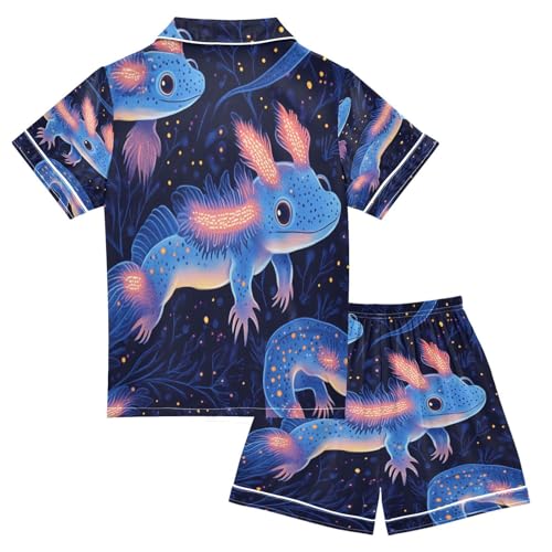 Satin Pajama Sets Short Sleeve Glowing Axolotl Pattern Prints Button Down Silky Nightwear 2 Piece PJS 5-14Y2