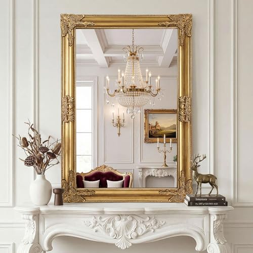 LAWADA Vintage Gold Mirror for Wall 28x40 Antique Decorative Ornate Baroque Mirror for Living Room Entryway Bathroom Fireplace(Antique Gold)