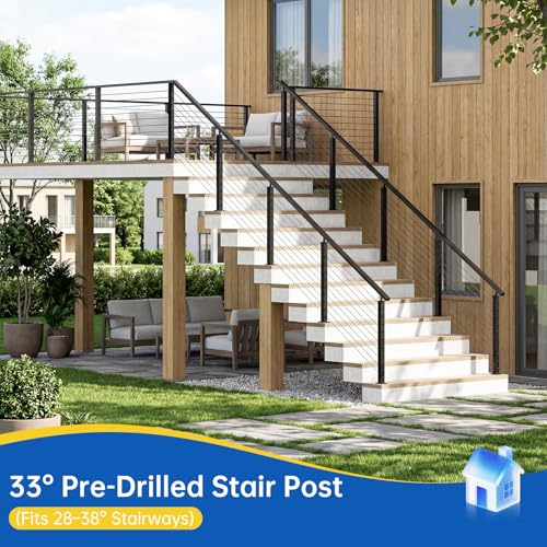 Image of 36 inch Swageless Modular Stair Cable Railing Post Fit 28-38 Degree Stairway, T304 Stainless Steel Surface Mount 33 Angle Drilled Deck Post with Black Powder Coating for Stair Indoor Outdoor