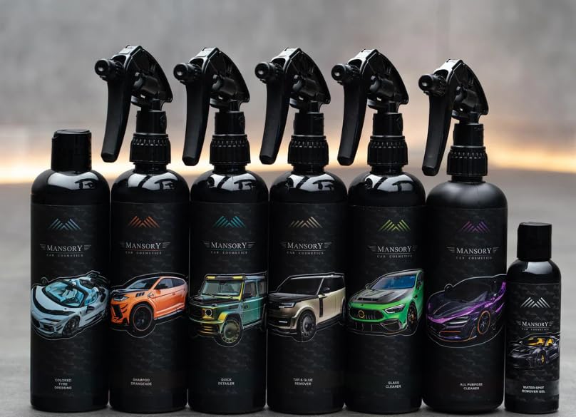 MANSORY Car Cosmetics Luxus-Autopflege-Set, 7-teilig, mit Allzweckreiniger, Glasreiniger, Quick Detailer, Shampoo und Reifenpflege
