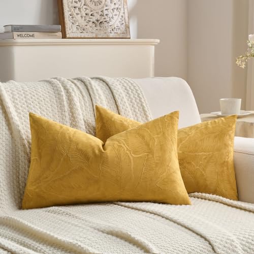 Image of FUTEI Pack of 2 Velvet Throw Pillow Covers 12x20 Inch Soft Embossed Leaf-Relief Textured Decorative Lumbar Pillowcases Modern Natural Farmhouse Accent for Couch Bed Living Room, Golden Yellow