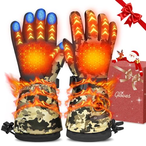 Powate Beheizbare Handschuhe für Herren Damen, 3 Stufige Beheizte Ski Handschuhe mit 7,4 V 22.2 WH Wiederaufladbare Akkus 10 Stunden Betriebsdauer, wasserdichte Zum Klettern, Radfahren, Gelb L